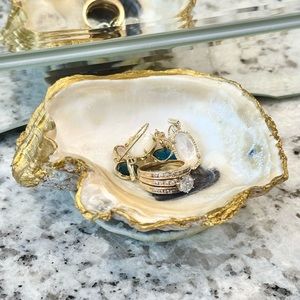 Oyster shell jewelry ring dish white and gold leaf